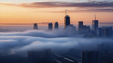 Cityscape emerging from a dense enveloping fog in sunrise and skyscrapers piercing the haze, AI