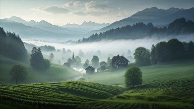 Rural landscape in summer veiled in fog, AI generated