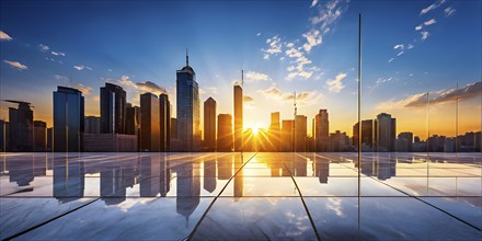 Marble ground with smooth reflective surface framing a view of a contemporary cityscape, AI