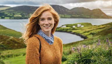 Girl with red hair and freckles smiles in front of a lake in windy weather, Ireland, AI generated,