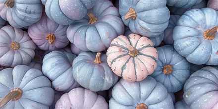 Banner with pastel pink and blue muscade pumpkins. Generative AI, AI generated