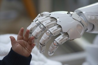 Small baby reaching hand for white artificial intelligence robot. Generative Ai, AI generated