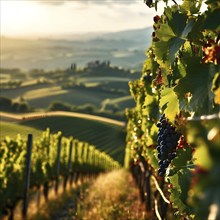 Winding vineyard rows snake through rolling hills under atmospheric summer sunlight, AI generated