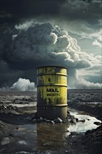 Representation of illegal nuclear waste barrel leaking radioactive material, AI generate, AI