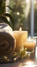 Wellness concept with bathroom spa setting with fluffy towel and candlelight, AI generated