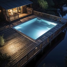 AI generated aerial view of an empty wooden deck with swimming illuminated at night