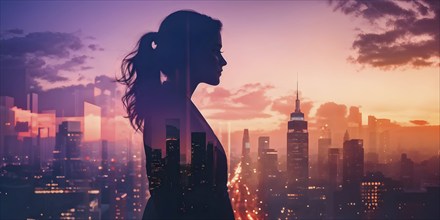 AI generated profile of a businesswoman with a double exposure of city lights, representing