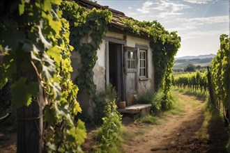 AI generated rustic vineyard cottage nestled amidst lush summer colored vine leaves