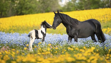 A black stallion and a foal, studio, AI generated