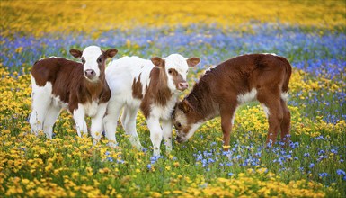 Three brown calves in a flower meadow, cow, studio, AI generated