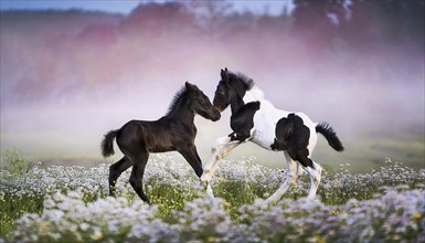 AI generated, Two young black and white foals playing on a flower meadow, Studio, AI generated