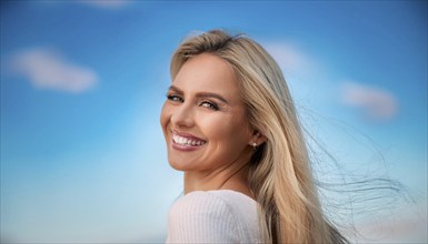 Attractive blonde woman with beautiful teeth, make up studio, AI generated