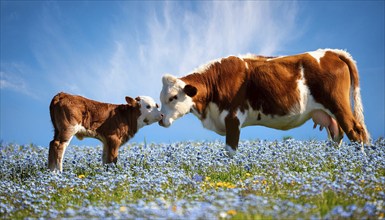 A brown cow and a calf, studio, AI generated