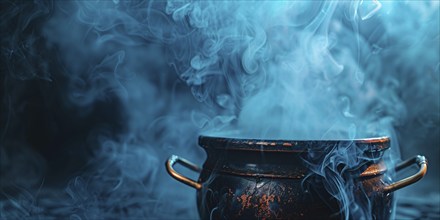 Banner with Halloween witch cauldron with blue smoke. Generative AI, AI generated