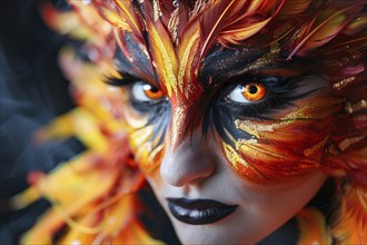 Woman's face with Halloween phoenix bird costume makeup with feathers. Generative Ai, AI generated