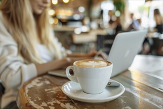 White cup of coffee on table next to woman working on laptop in restaurant. Generative Ai, AI