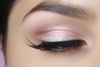 Woman's eye with pink eyeshadow and long balck fake lashes. KI generiert, generiert, AI generated