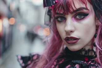 Face of young woman in black and pink gothic style in street. KI generiert, generiert, AI generated