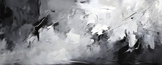 AI generated abstract art showcasing a dynamic splash of in black and white in panoramic format