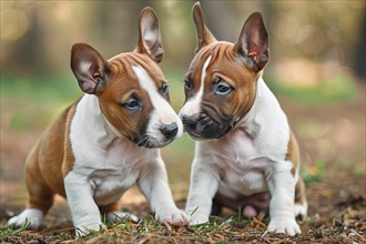 Two cute young bull terriers looking at each other, AI generated