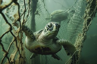 A sea turtle, hawksbill turtle caught in a fishing net, symbolic image for endangered species,