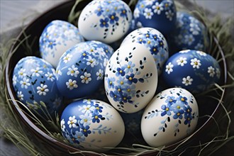 Blue and white Easter eggs painted with small flowers. KI generiert, generiert AI generated