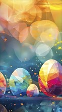 Easter-inspired abstract artwork with layered, translucent egg shapes overlapping with bursts of