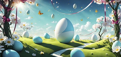 Surreal Easter scene with floating eggs, ribbons, and flowers in a dreamlike, whimsical composition