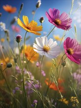 Wildflowers in a meadow, with a soft breeze slightly moving the petals, creating a serene and