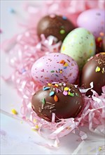 Small chocolate Easter eggs wrapped in shiny foil, placed on a bed of shredded pastel-colored