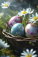 Pastel-colored Easter eggs in a wicker basket, surrounded by delicate spring flowers like daisies