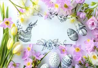 Easter card with delicate hand-drawn illustrations, placed among fresh flowers and decorated eggs,