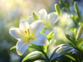 Blooming Easter lilies with soft white petals and a yellow center, bathed in gentle sunlight, AI