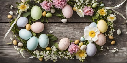 Spring wreath with pastel ribbons, speckled eggs, and blooming flowers, hanging on a wooden