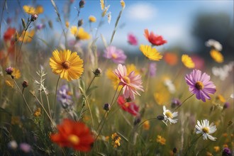 Wildflowers in a meadow, with a soft breeze slightly moving the petals, creating a serene and