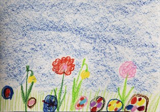 Naive illustration, children's drawing, flower meadow