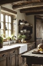 Rustic kitchen interior with exposed wooden beams, a farmhouse sink, and a table set with freshly