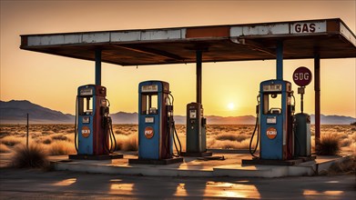 Abandoned retro gas station in the middle of a desert at sundown, with rusted gas pumps and an old