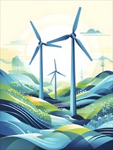 Abstract wallpaper illustration of interconnected wind turbines, represented by flowing lines and