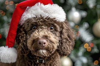 Cute Labradoodle dog with red santa hat in front of christmas tree. Generative Ai, AI generated