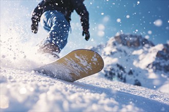 Person on yellow snowboard in snow on mountain. Generative Ai, AI generated