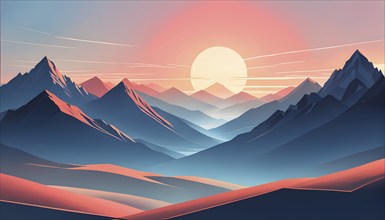 Minimalist landscape with stylized mountains and a setting sun, represented by simple geometric