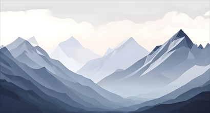 Abstract mountain range made of clean, geometric shapes with varying tones of grey and white, AI