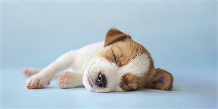 Cute dog puppy sleeping on blue studio background. Generative AI, AI generated