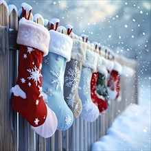 Row of Christmas stockings hanging from a snow-covered wooden fence, with delicate frost patterns