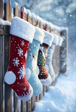 Row of Christmas stockings hanging from a snow-covered wooden fence, with delicate frost patterns