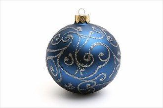 Single blue and golden Christmas bauble ornament on white background. Generative Ai, AI generated