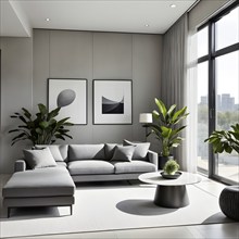 Render of a minimalist living room with clean lines and neutral tones, featuring a modern grey