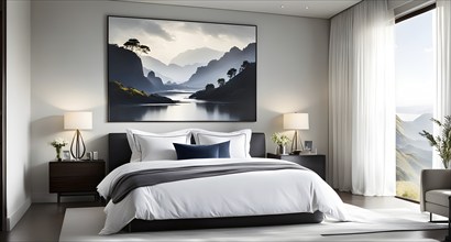 Empty modern bedroom with a large, plush bed covered in white linens, a single framed artwork on