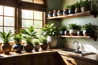 A sunlit kitchen corner, with a rustic wooden shelf holding neatly arranged ceramic bowls and a